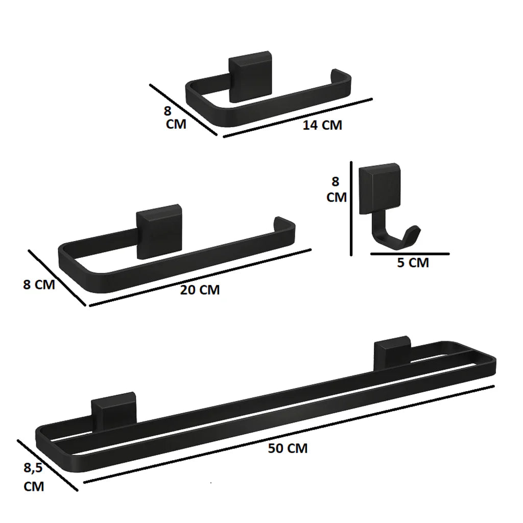 Kit Acessórios Para Banheiro 4 Peças Lavabo Com Toalheiro Duplo Preto Fosco