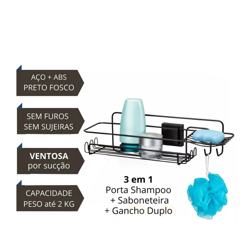 Porta Shampoo Fixação Dupla Ventosa Preto Veneza